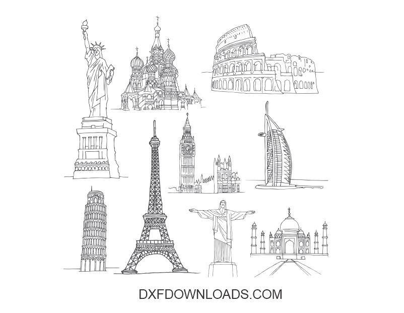 Download Free Dxf Svg World Sights Statue Of Liberty Christ The Redeemer Pisa Tower Big Ben Eiffel Tower And Others Dxf Downloads Files For Laser Cutting And