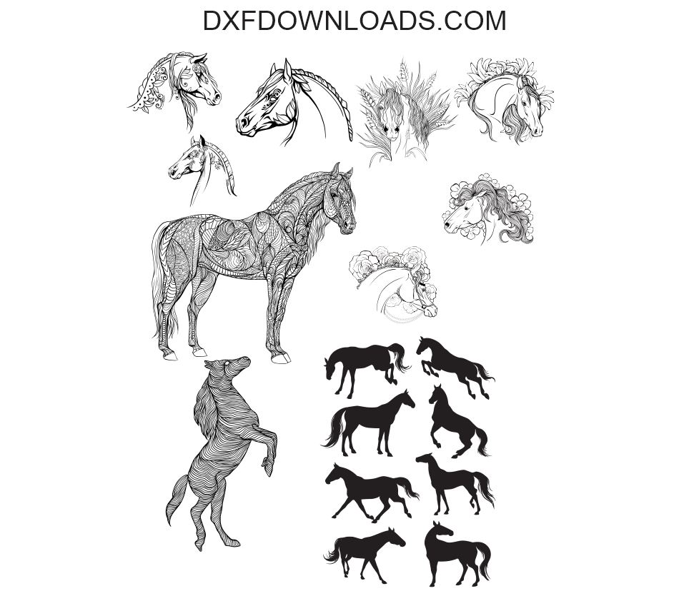 Download SVG DXF Horse Free set pack bundle vectors paper cricut silhouette cnc engrave - DXF DOWNLOADS ...